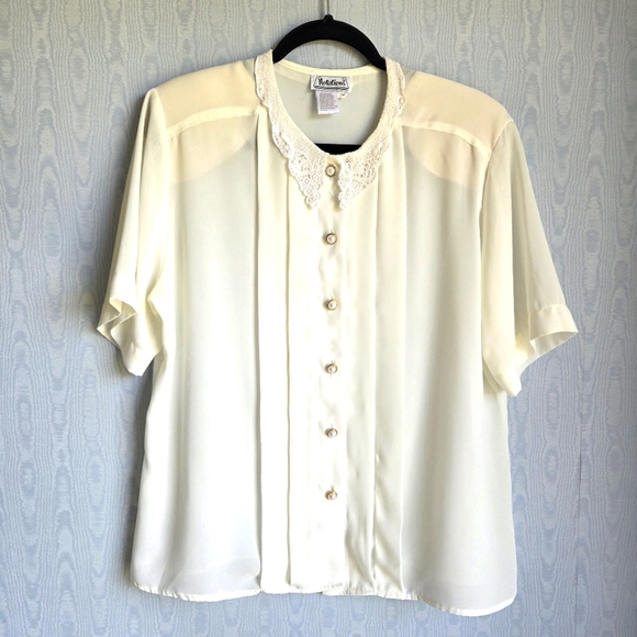 Notations Tops - Vintage Notations Blouse 14 Ivory Sheer Lace Collar‎ Twee Victorian Goth Vamp